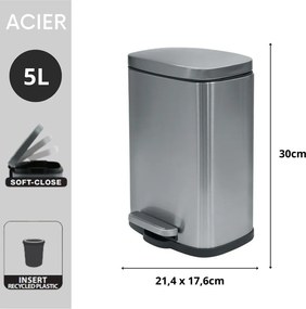 Cestino per la spazzatura color argento opaco in acciaio con pedale 5 l Akira – Spirella