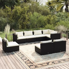 Set mobili da giardino con cuscini 8 pz in polyrattan nero