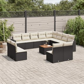 Set divani da giardino 13pz con cuscini nero in polyrattan