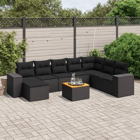 Set divani da giardino 9 pz con cuscini nero in polyrattan