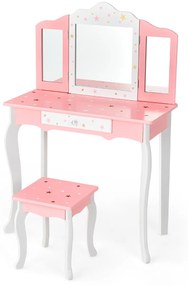 Costway Set tavolo toeletta e sgabello con specchio tripartito per bambini, Set toeletta finto con cassetto Rosa