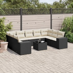 Set divani da giardino 10pz con cuscini in polyrattan nero