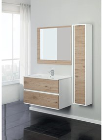 Mobile Bagno Sospeso 90 Cm Due Cassetti Specchio Feridras "Fabula" Bianco/Rovere Di Bordeaux