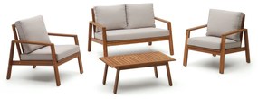 Kave Home - Set Frares divano 2 posti, 2 poltrone e un tavolino in legno massello di acacia