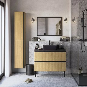 Mobile da bagno Studio composto da base porta lavabo 2 cassetti rovere cannettato L 90 X H 58 X P 48,1 cm, top effetto pietra e lavabo d'appoggio rettangolare nero opaco.