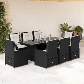Set da pranzo da giardino 9 pz con cuscini nero in polyrattan