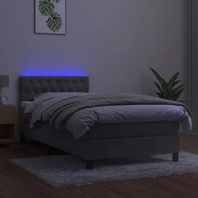 Letto a molle materasso e led grigio chiaro 100x200 cm velluto