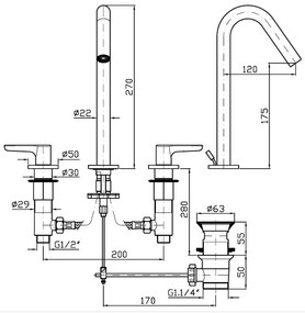 Batteria Bocca Alta Per Lavabo 3 Fori Con Scarico Cromo Zucchetti Medameda ZMM5506