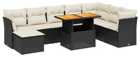 Set divani da giardino 9 pz con cuscini nero in polyrattan