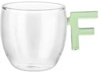 Tazzina caffè lettera F verde in vetro borosilicato, 150 ml