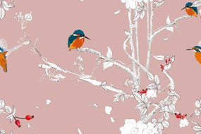 Carta da parati – Uccellini nella foresta fitta con sfondo rosa
