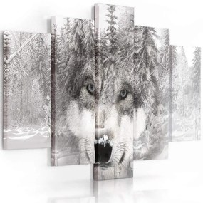 Quadro su tela 5 pannelli Lupo foresta animale grigio  Dimensioni Tappeti 100x70