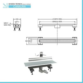 Canalina doccia 60 cm in alluminio reversibile scarico centrale, sifone e piletta inclusi