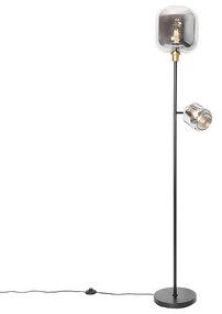 Lampada da terra nera con oro e vetro fumé 2 luci - Zuzanna