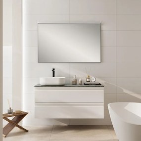 Mobile Pull L120 H55 P45 bianco opaco laccato con 2 cassetti a chiusura ammortizzata, top nero per lavabo in appoggio, piedini non inclusi