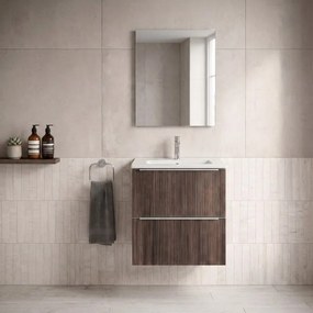 Mobile bagno sospeso Neo Groove L 61 x H 66 x P 49 cm, 2 cassetti con maniglia cromo, lavabo in ceramica con vasca centrale Maya incluso, noce cannettato