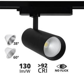 Faro LED 30W Monofase Nero 38°/60° 130lm/W CRI92 no Flickering Colore Bianco Naturale 4.000K