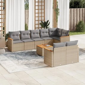 Set Divano da Giardino 9 pz con Cuscini Beige in Polyrattan