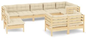 Set divani da giardino 9 pz con cuscini crema massello di pino
