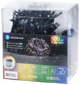 Aigostar - Catena luminosa natalizia da esterno a LED, 500 LED / 8 funzioni, 4xAA, 25,3 m, multicolore