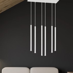 Lampadario 6 Luci Moderno Shu Acciaio Bianco E Paralumi A Cilindri Sottili