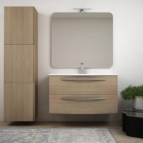 Mobile bagno Rovere tabacco 100 cm sospeso bombato modello Berlino con specchio filo lucido e colonna da 170 cm