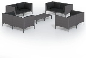 Set divani giardino 9 pz con cuscini in polyrattan grigio scuro