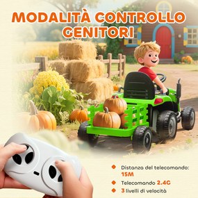 Trattore Elettrico per Bambini 12V con Rimorchio Staccabile 139x58x55 cm e Telecomando Verde...