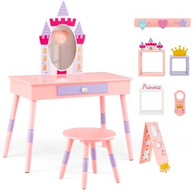 Costway Set da toletta per bambini con specchio cassetto e piano rimovibile, Tavolo da trucco e sgabello in legno Rosa