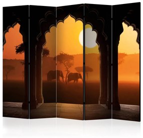 Paravento design Ascolta Africa II (5 parti) - tramonto ed elefanti in libertà