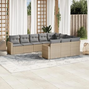 Set divano da giardino 10 pz con cuscini beige in polyrattan