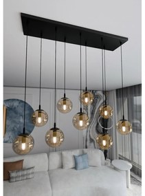 Lampadario a Sospensione in Acciaio e Vetro COSMO 9 Nero 9xE14 Colore delle Sfere Ambrate