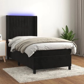 Letto a molle con materasso e led nero 100x200 cm in velluto