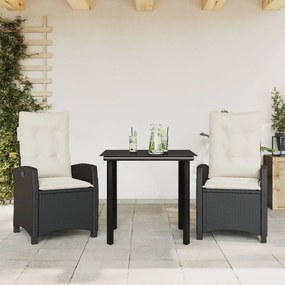 Set da Pranzo da Giardino 3 pz con Cuscini Nero in Polyrattan