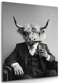 Quadro su tela – Mucca in abito con sigaro e whisky
