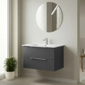 Mobile bagno sospeso 80 cm grigio cannettato con lavabo e specchio tondo Zena