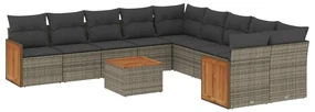 Set divani da giardino 11 pz con cuscini in polyrattan grigio