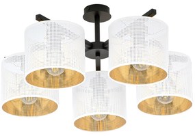 Plafoniera Industrial 5 Luci Cigno In Acciaio Bianco E Paralumi A Cilindro Oro