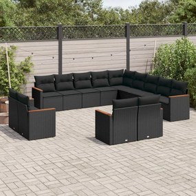 Set divani da giardino 13pz con cuscini nero in polyrattan