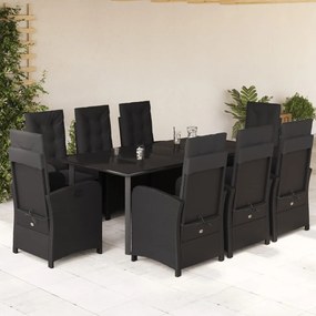 Set da pranzo da giardino 9 pz con cuscini nero in polyrattan