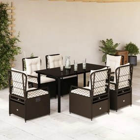 Set da pranzo da giardino 7pz con cuscini in polyrattan marrone