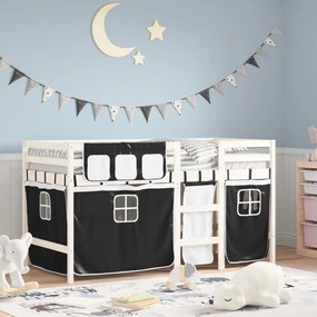 Letto A Soppalco Con Tende Bambini Bianco E Nero 80x200 Cm Pino /