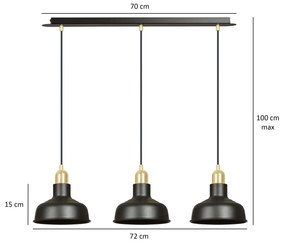 Lampadario Industrial 3 Luci Ibor In Acciaio Nero Con Elementi In Oro