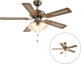 Ventilatore da soffitto in ottone con stampa legno e rattan 108cm con interruttore a tirante - Mistral Lia