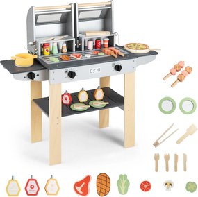 Costway Set di gioco per barbecue in legno per bambini con ricchi accessori, Gioco di griglia per bambini cibi giocattolo con 2 grill Grigio
