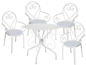 Sala da pranzo da giardino in metallo effetto ferro battuto GUERMANTES: un tavolo e 4 poltrone bianche