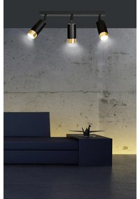 Plafoniera 3 Luci A Faretti Orientabili A Cilindro In Acciaio Nero E Oro