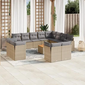 Set divano da giardino 13 pz con cuscini beige misto polyrattan