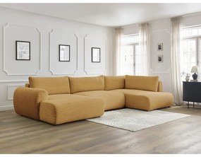 Divano angolare color senape allungabile (con penisola a sinistra/a forma di "U") con rivestimento in velluto a coste Lucien – Bobochic Paris