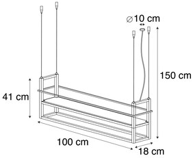 Lampada a sospensione industriale nera con ripiano in legno 4 luci - Cage Rack